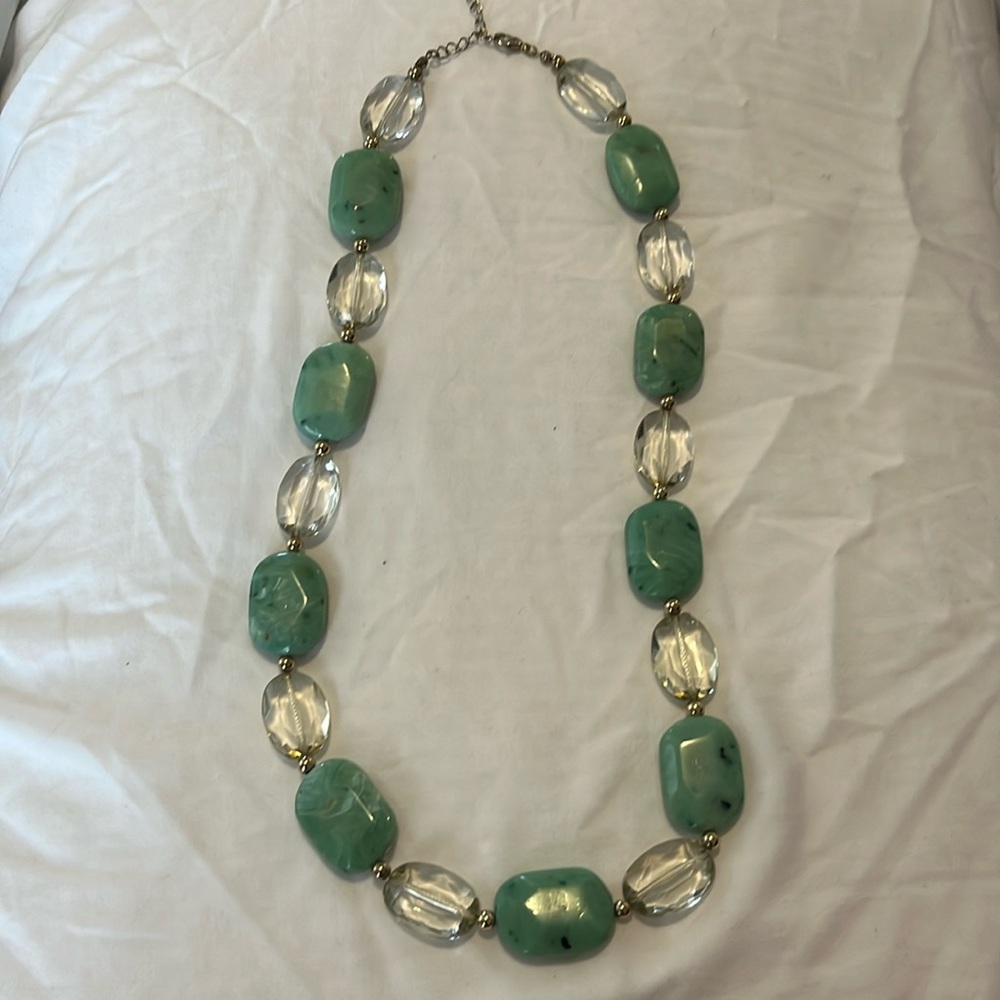 Vintage necklace with large chunky beads, green and clear with silver. Very good